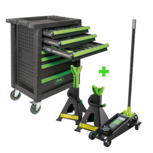 Carrello a 7 Cassetti Completo con 172 Utensili+50818 Martinetto Idraulico 3,5 Ton.+53779 Set di cavalletti