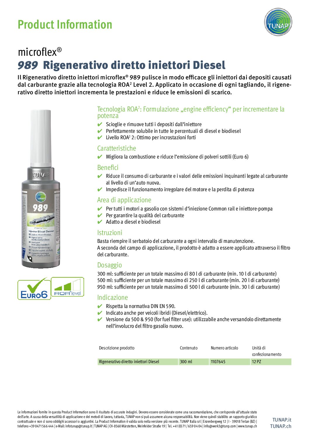 TUNAP 989 Pulitore Iniettori Diesel Diretto Rigenerativo 300ml